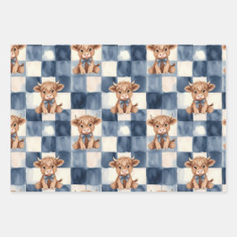 Blue Checkered Highland Cow Cute Gift Wrap Geschenkpapier Set