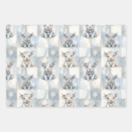 Blue Checkered Highland Cow Snowflake Cool Winter Geschenkpapier Set