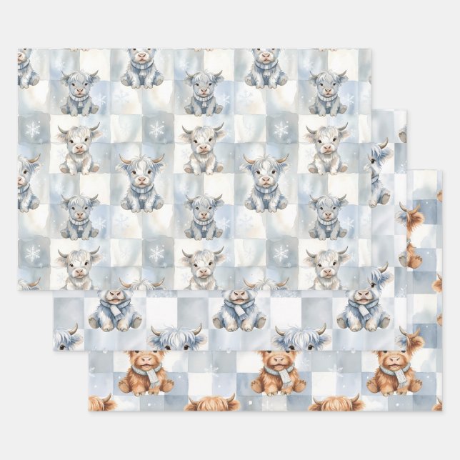 Blue Checkered Highland Cow Snowflake Cool Winter Geschenkpapier Set (Set)