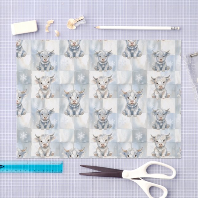 Blue Checkered Highland Cow Snowflake Cool Winter Seidenpapier (Handwerk)