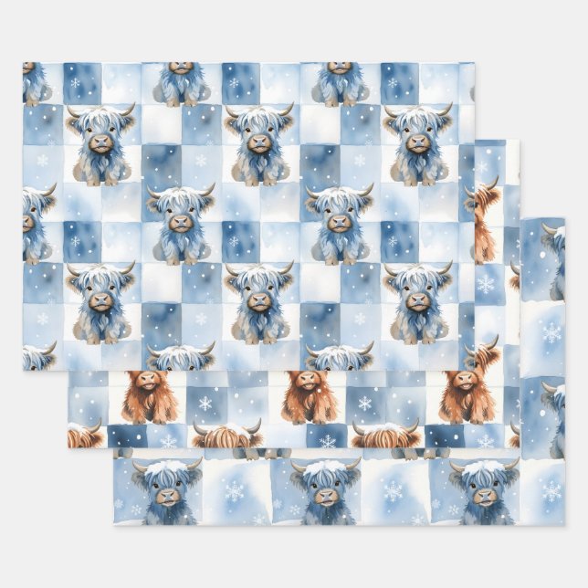 Blue Checkered Highland Cow Snowflake Winter Geschenkpapier Set (Set)