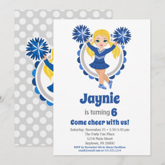 Blue Cheerleader - Blonde Girls Cheer Birthday Einladung