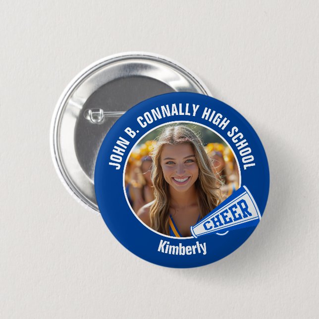 Blue Cheerleader Foto High School Spirit Cheerlead Button (Vorne & Hinten)
