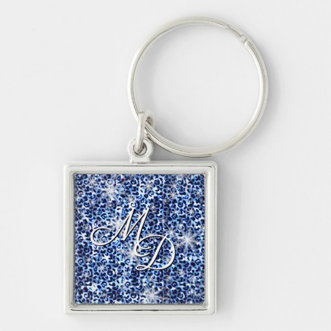 Blue Cheetah Sparkles Monogram Schlüsselanhänger (Vorne)