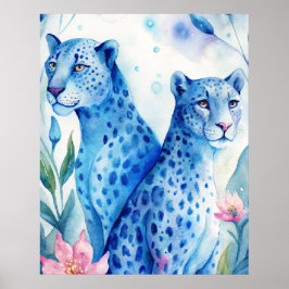 Blue Cheetahs Art Print, Wall Decor Wasserfarbe Poster