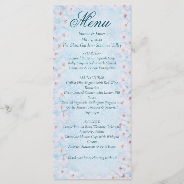 Blue Cherry Blossom Wedding Menu Card Menükarte (Vorderseite)