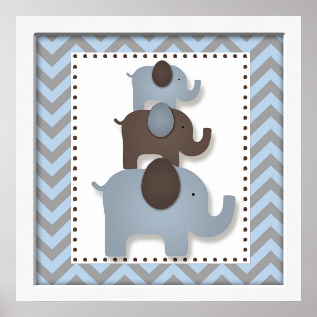 Blue Chevron Elephant Nursery Wall Art Poster (Vorne)