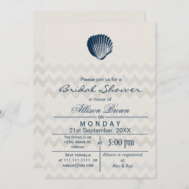 Blue Chevron Seashell Beach Invitations de douche  (Devant / Derrière)