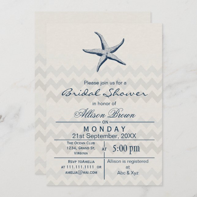 Blue Chevron Starfish Beach Invitations de douche  (Devant / Derrière)