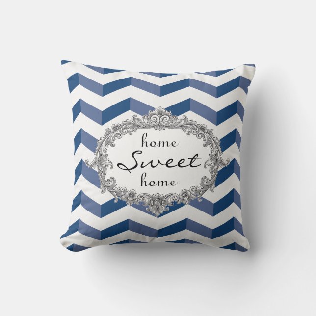 Blue Chevrons Zuhause Sweet Zuhause oder Monogram  Kissen (Vorderseite)