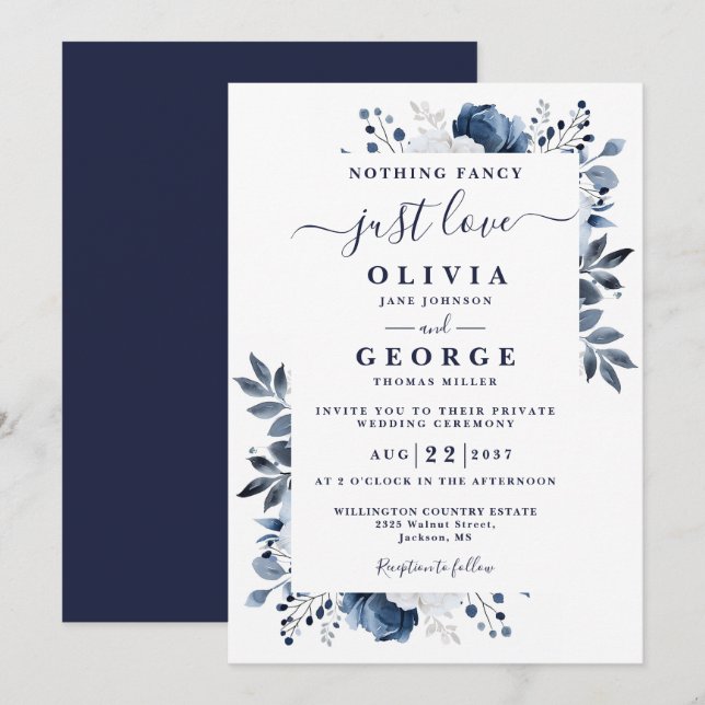 Blue Chic Blues intime private Hochzeit Einladung (Vorne/Hinten)