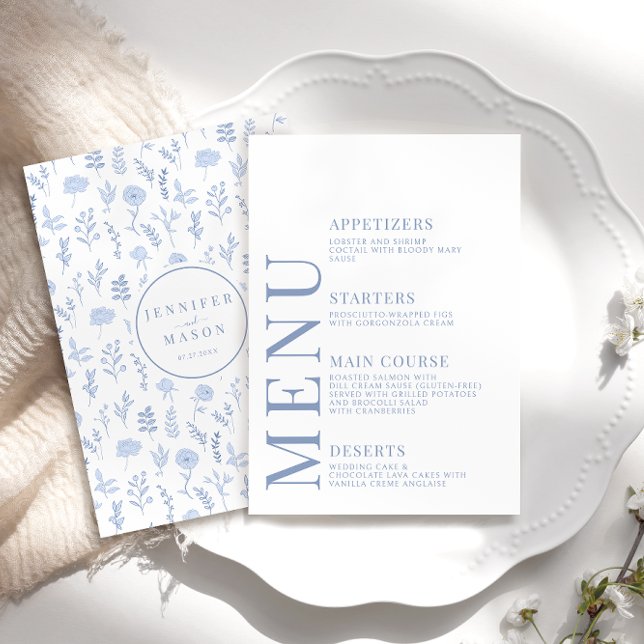 Blue Chic Botanical Boho Mariage Menu Cartes (Créateur téléchargé)