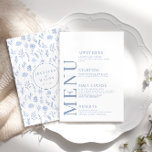 Blue Chic Botanical Boho Wedding Menu Cards Begleitkarte<br><div class="desc">Genießen Sie den Charme Ihrer romantischen rustikalen Hochzeitsfeier mit dieser raffinierten und gepflegten Menükarte. Mit einem aufwändigen Muster, das mit zarten, hellblauen Blüten geschmückt ist, erhöht sich dieses schöne Design mit Personalisierung und zeigt die Namen der Braut und des Bräutigams auf der Rückseite. Ideal, um einen besonderen Tag mit einer...</div>