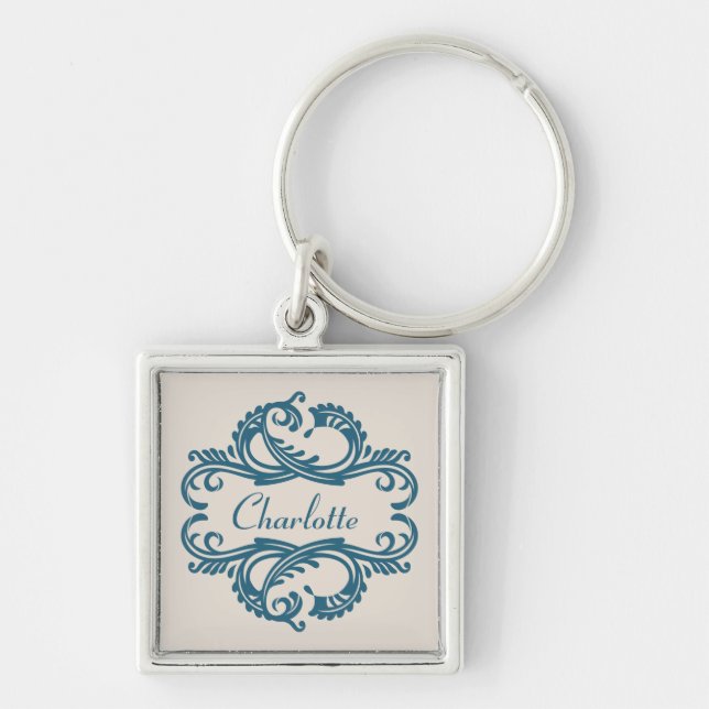 Blue Chic Damask Premium Schlüsselanhänger (Vorne)