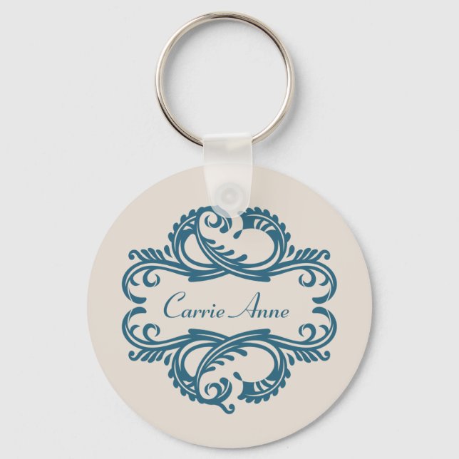 Blue Chic Damask Schlüsselanhänger (Vorderseite)