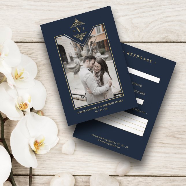 Blue Chic Fake Gold Wedding Initials Geblüht Begleitkarte (Von Creator hochgeladen)