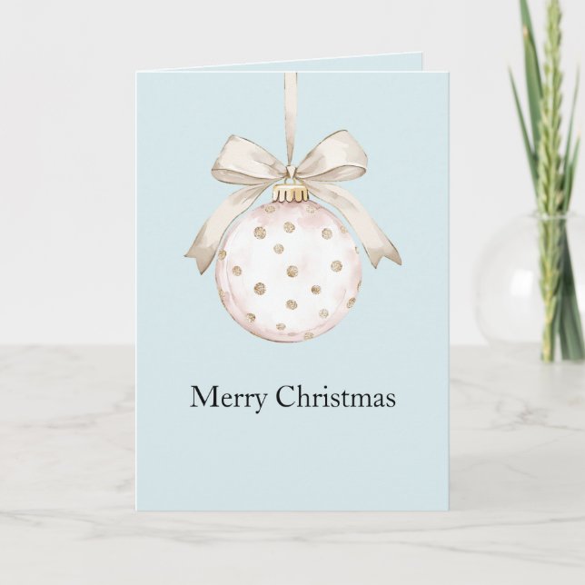 Blue Chic White Dots Bow Ornament Weihnachten Karte (Vorderseite)