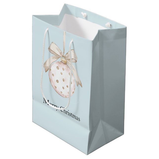 Blue Chic White Dots Bow Ornament Weihnachten Mittlere Geschenktüte (Vorderseite Schrägansicht)