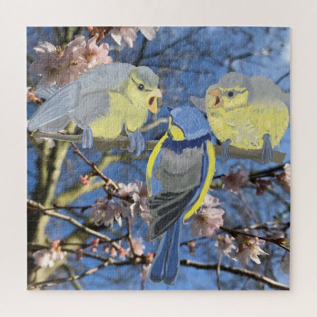 Blue Chickadee Familie unter Almond Blossom (Vertikal)
