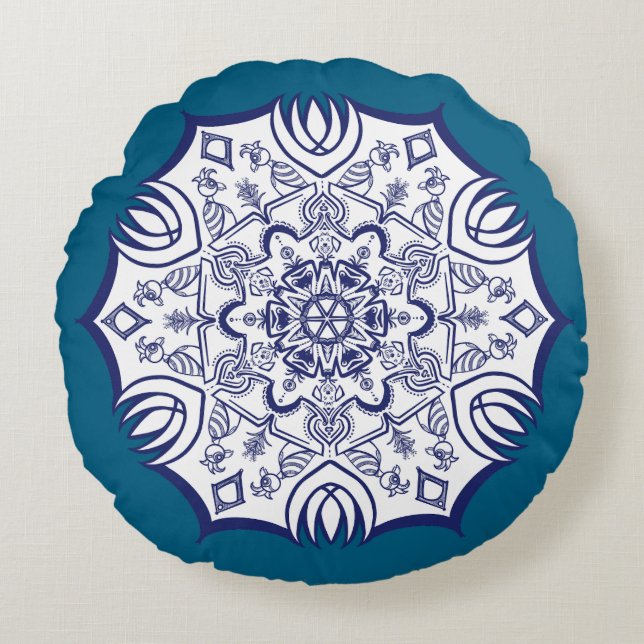 Blue China Mandela Rundes Kissen (Vorderseite)