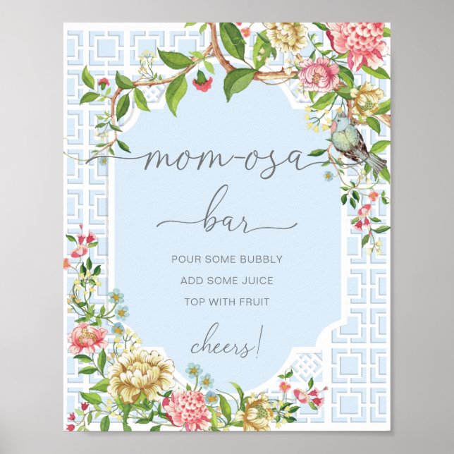 Blue Chinoiserie Baby Dusche Mama osa Bar Zeichen Poster (Vorne)