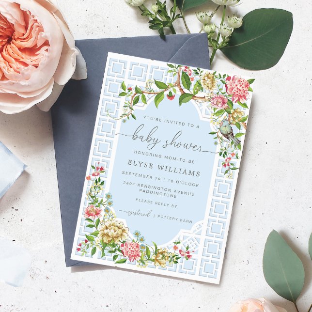 Blue Chinoiserie Baby Shower Einladung - Trianon (Blue Boy Baby Shower Invitation Blue Chinoiserie French Floral)