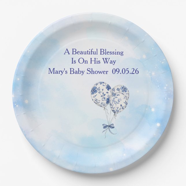 Blue Chinoiserie Baby Shower Tableware Set Pappteller (Vorderseite)