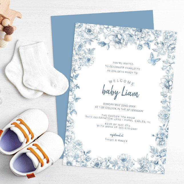 Blue Chinoiserie Babydusche Einladung für Junge (Dusty Blue Baby Shower Invitation)