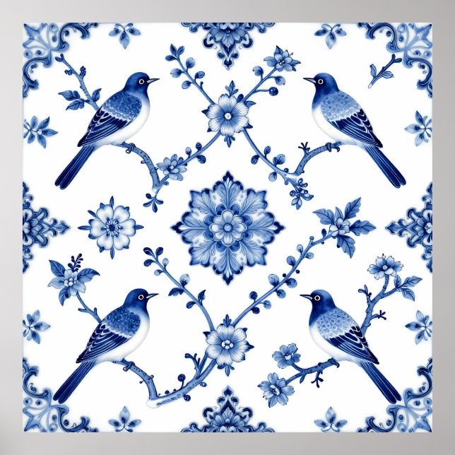Blue Chinoiserie Bird Floral Pattern Poster (Vorne)