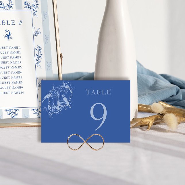 Blue Chinoiserie Birdcage Wedding Tischnummer (Blue Wedding Table Number Card from Chinoiserie Wedding Collection by Darling & May)