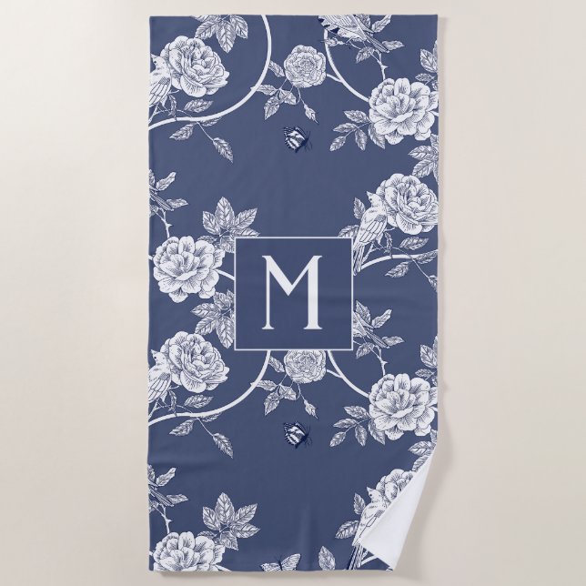 Blue Chinoiserie Blume und Birnen Monogram Strandtuch (Vorderseite)