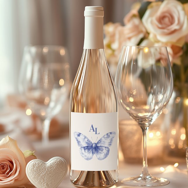 Blue Chinoiserie Botanische Hochzeit Weinetikett (Von Creator hochgeladen)