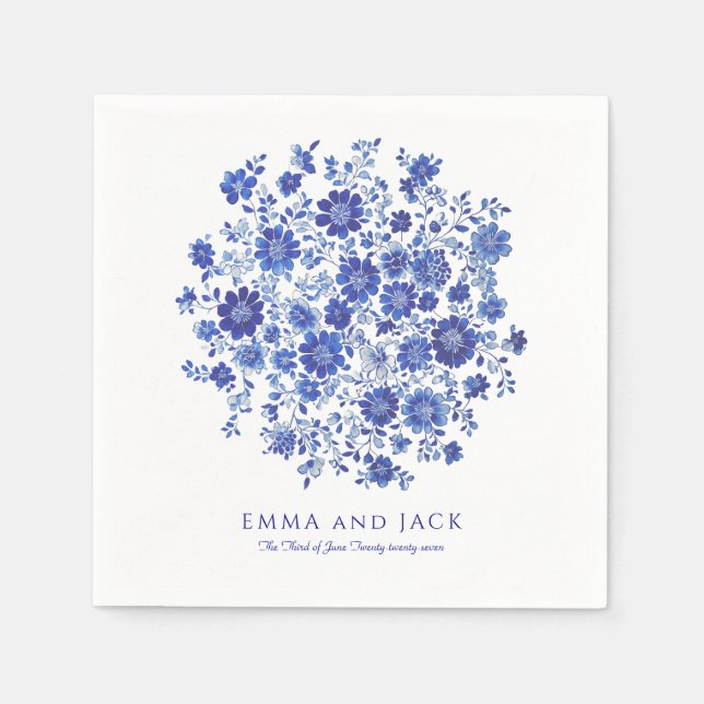 Blue Chinoiserie Bouquet Wedding names and date Serviette (Vorderseite)