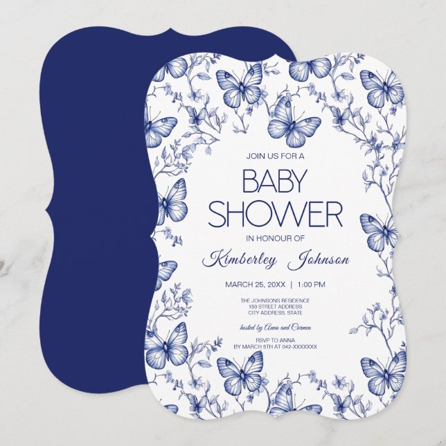 Blue Chinoiserie Butterfly Baby Dusche Einladung (Vorne/Hinten)