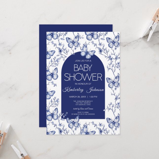 Blue Chinoiserie Butterfly Baby Dusche Einladung (Vorderseite/Rückseite Beispiel)