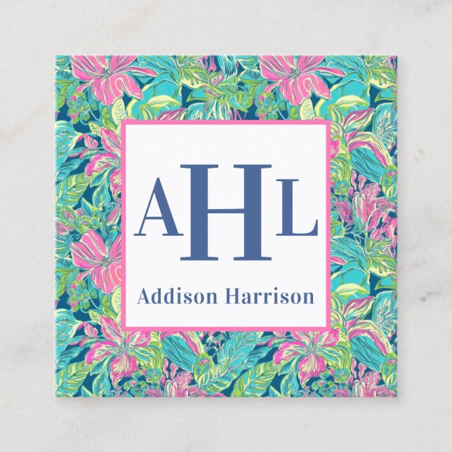 Blue Chinoiserie Calling Card, Monogram Enclosure Quadratische Visitenkarte (Vorderseite)