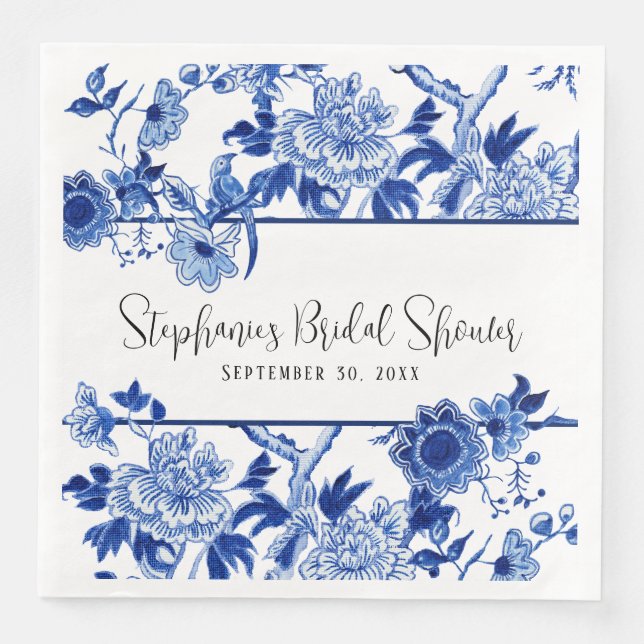 Blue Chinoiserie Flora Brautparty Serviette (Vorderseite)