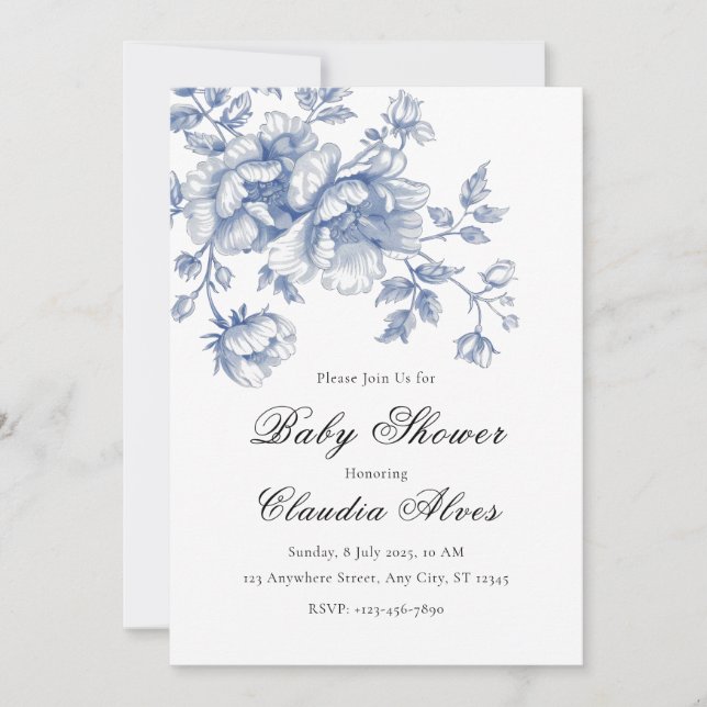 Blue Chinoiserie Floral Baby Dusche Einladung (Vorderseite)