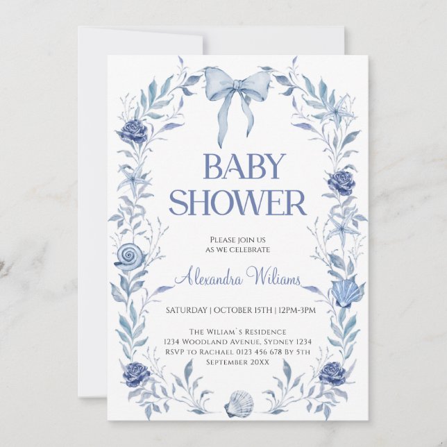 Blue Chinoiserie Floral Baby Dusche Einladung (Vorderseite)