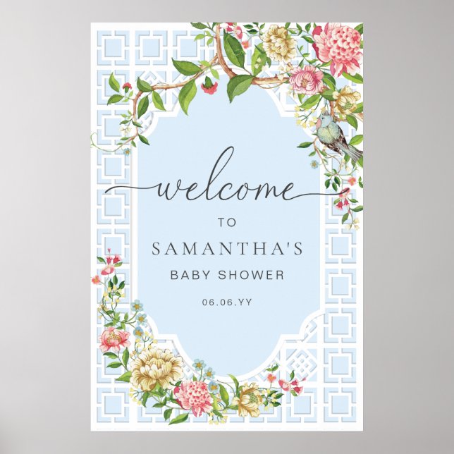 Blue Chinoiserie Floral Baby shower Affiche de bie (Devant)