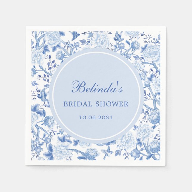 Blue Chinoiserie Floral Birds Brautparty Serviette (Vorderseite)