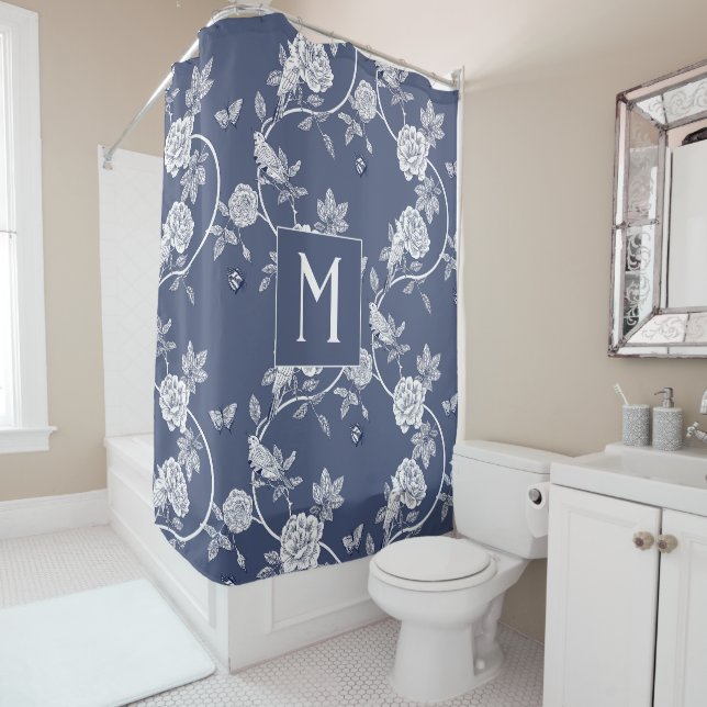 Blue Chinoiserie Floral Monogram Duschvorhang (Beispiel)