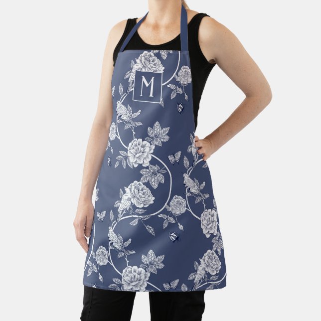 Blue Chinoiserie Floral Monogram Schürze (InSitu)