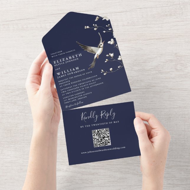 Blue Chinoiserie Floral QR Code Hochzeit All In One Einladung (Abreißen)
