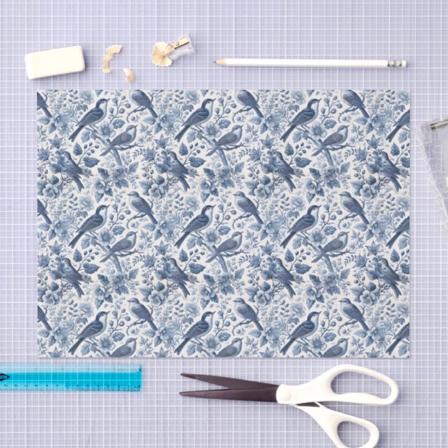 Blue Chinoiserie Floral Spring Birds Decoupage Seidenpapier (Handwerk)