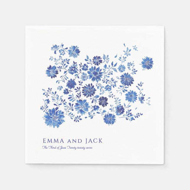 Blue Chinoiserie Floral Wedding names and date Serviette (Vorderseite)