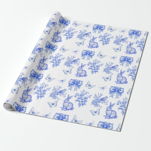 Blue Chinoiserie Garden Rabbit Geschenkpapier (Ungerollt)