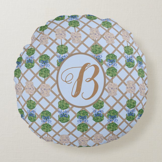 Blue Chinoiserie Ginger Jar Jars Topiary Korb Ro Rundes Kissen (Vorderseite)