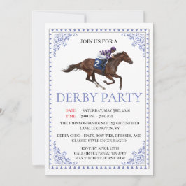 Blue Chinoiserie Horse Race Derby Party Invite Einladung