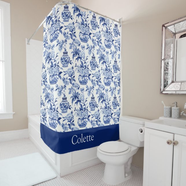 Blue Chinoiserie Monogram Name Shower Curtain Duschvorhang (Beispiel)